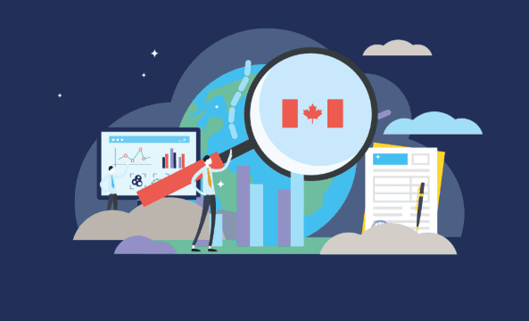 illustration with the earth obscured by a tablet showing and infographic, a stack of documents, and a person holding a magnifying glass with the canadian flag in the lens